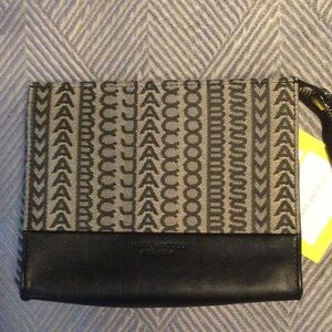 Mark Jacobs logo canvas and leather, black and tan cosmetic bag for women. NWT